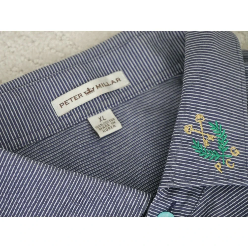 Peter Millar Mens XL Navy Blue White Striped Cotton Polo PCG‎ Crest Golf Shirt